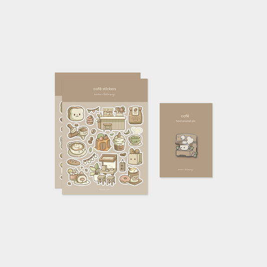 café pin and sticker bundle